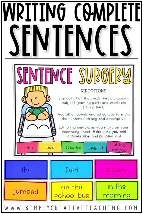 These writing complete sentences resources are perfect for teaching 1st grade, 2nd grade, and 3rd grade students how to write complete sentences. They include anchor charts, posters, worksheets, complete sentence centers, and more! Students will learn about subjects & predicates. They will practice how to expand sentences, how to stretch a sentence, and writing descriptive sentences. This is a great resource for sentence structure! 3rd Grade Sentence Structure Activities, Writing Sentences Worksheets 3rd Grade, Sentence Writing Practice Worksheets, Teaching Sentence Structure, Descriptive Sentences, Teaching Sentences, Complex Sentences Worksheets, Writing Sentences Worksheets, Writing Complete Sentences