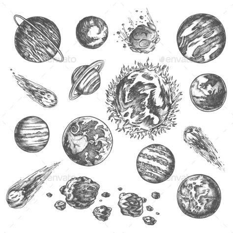 Solar System Planets And Asteroids by cookamoto | GraphicRiver Planet Ink, Planet Sketch, Planet Tattoo, Solar System Tattoo, Solar System Art, Planet Drawing, Sketch Icon, Planet Tattoos, Space Drawings