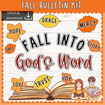 THIS IS A DIGITAL DOWNLOAD  Inspire your students to deepen their faith this fall with our "Fall into God's Word" Bulletin Board Display Kit! This beautifully designed digital download is perfect for bringing the warmth of autumn and the power of Gods Word into your classroom or Sunday school. Featuring vibrant fall leaves adorned with words of faith and an open Bible graphic, this display will encourage reflection and spiritual growth.Features:- **Faith-Centered Design**: The Christ-centered message and autumn theme create a spiritually enriching environment. - **Engaging Visuals**: The vibrant colors and meaningful words draw students in and encourage contemplation. - **Easy Setup**: Simple, for quick assemblyperfect for busy educators! - **Reusable**: Durable designs that can be used ye Fall Crafts For Sunday School, Fall Sunday School Bulletin Boards, Jesus Bulletin Boards, Bible Graphic, Sunday School Themes, Fall Baskets, Sunday School Classroom Decor, Bible Decor, Fall Bible Verses