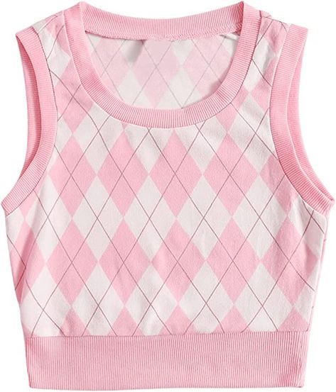 Verdusa Women's Argyle Print Sleeveless Scoop Neck Tank Sweater Vest Top Pink M at Amazon Women’s Clothing store Cardigan Korean Style, Plaid Sweater Vest, Buy My Clothes, Argyle Vest, Plaid Tank Top, Argyle Print, Winter Knitwear, Argyle Sweater Vest, Vest Crop Top