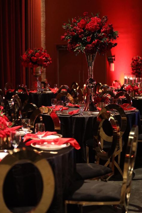 Red And Black Gala Decor, Black And Red 15 Decorations, Masquerade Ball Red And Black, Red Uplighting Wedding, Red And Black Masquerade Quince, Black Gold And Red Quinceanera Theme, Black And Red Quinceanera Decorations, Quinceanera Dark Red Theme, Quince Themes Black