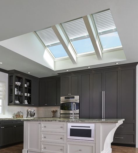 Velux Skylights Kitchen, Skylight Living Room, Light Filtering Blinds, Mobile Home Kitchens, Skylight Design, Velux Skylights, Skylight Kitchen, Velux Windows, Skylight Blinds