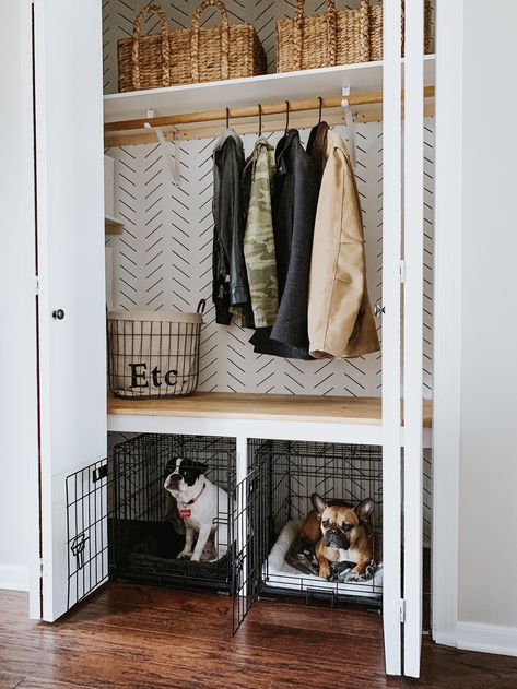 Entryway Closet Makeover | Sammy On State Entryway Ideas With Coat Closet, Small Entryway Coat Closet, Entry Closet To Mudroom, Entry Closet Built In, Hallway Closet Mudroom, Transform Entryway Closet, Closet Entryway Makeover, Dog Kennel Closet, Diy Entryway Closet Makeover