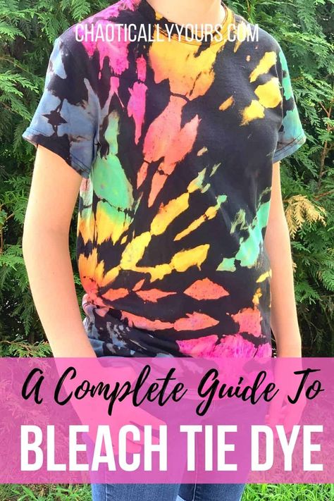 Easy Bleach Tie Dye, How To Tie Dye Black Shirt With Bleach, How To Tie Dye Black Shirts, Best Tie Dye Products, Reverse Bleach Tie Dye, Black Shirt Tie Dye, Reverse Tye Dye Patterns, Bleached Tie Dye Shirt, Tye Dye Black Shirt With Bleach