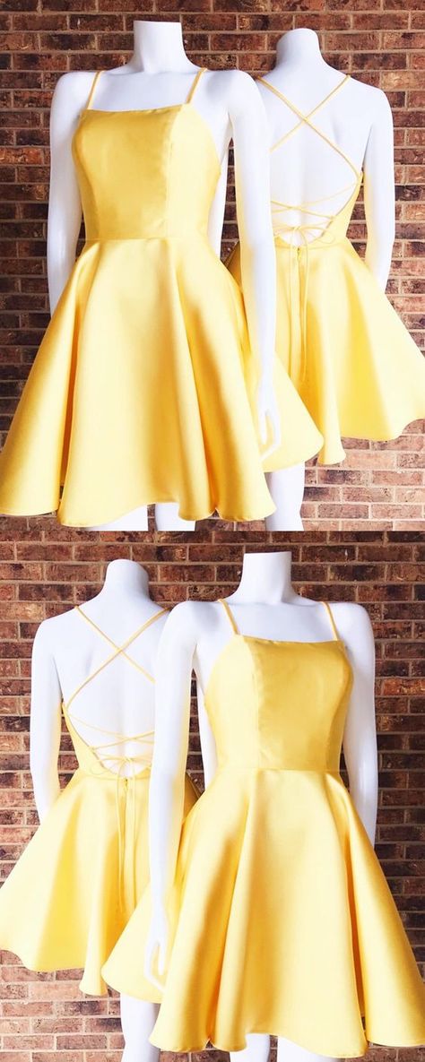 This dress could be custom made, there are no extra cost to do custom size and color. Yellow Homecoming Dress, Yellow Homecoming Dresses, Semi Dresses, Short Satin, Homecoming Dresses Lace, Cute Homecoming Dresses, Yellow Dresses, Satin Homecoming Dress, Dresses Cute