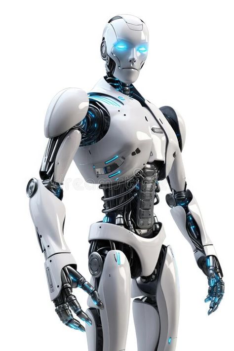 Humanoid robot stands against a stark white background Generative AI stock photo Robot Humanoid Concept Art, Android Robot Male, Humanoid Robot Art, Robotic Humanoid, Robot Person, Human Robotics, Humanoid Robot Concept Art, Male Robot, Robots And Humans