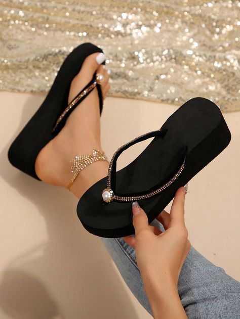 Women's Rhinestone Decorated Wedge Flip-Flops. Stylish, Lightweight And Comfortable Sandals For Outdoor Activities Black Fashionable    Plain    Women Shoes, size features are:Bust: ,Length: ,Sleeve Length: Modern Heels, Black Wedge Flip Flops, Black Wedge Heels, Walking In Heels, Heeled Flip Flops, Pretty Sandals, Perfect Heels, Black Flip Flops, Wedge Flip Flops