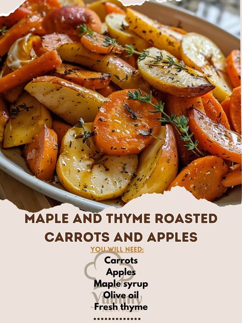 🍁🍎 Savor Autumn! Try Maple and Thyme Roasted Carrots and Apples. A sweet and savory delight! #AutumnVibes Maple and Thyme Roasted Carrots and Apples Ingredients: Carrots (6 medium, peeled and sliced) (3 cups (750 ml)) Apples (3 medium, cored and sliced) (3 cups (750 ml)) Maple syrup (1/4 cup (60 ml)) Olive oil (2 tbsp (30 ml)) Fresh thyme (1 tbsp (15 ml), minced) Salt and pepper (to taste) Instructions: Preheat oven to 375°F (190°C). Toss carrots and apples in syrup, oil, thyme, salt, and p... Thyme Salt, Apple Maple, Thanksgiving Menu, Harvest Season, Roasted Carrots, Fresh Thyme, Sweet And Savory, Healthy Treats, Maple Syrup