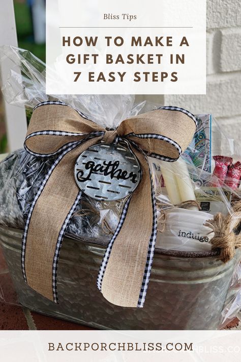 Learn how to put together a custom gift basket in 7 easy steps. Using a Cozy Farmhouse Basket as an example, I'll share all my best tips! Rustic Gift Baskets, Decorating Gift Baskets, How To Put Together A Gift Basket Diy, Gift Basket Ribbon Wrapping Ideas, Southern Gift Basket Ideas, Making A Gift Basket Diy, Gift Basket Tutorial How To Make, Rustic Gift Basket, How To Make A Bow For A Gift Basket