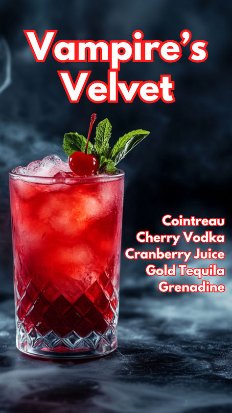 Vampire’s Velvet Halloween Punch Vodka, Drinks To Make With Vodka, Gothic Cocktails, Fruity Vodka Drinks, Spiced Rum Drinks, Cranberry Cocktails, Spooky Cocktails, Cocktail Cards, Cranberry Juice And Vodka