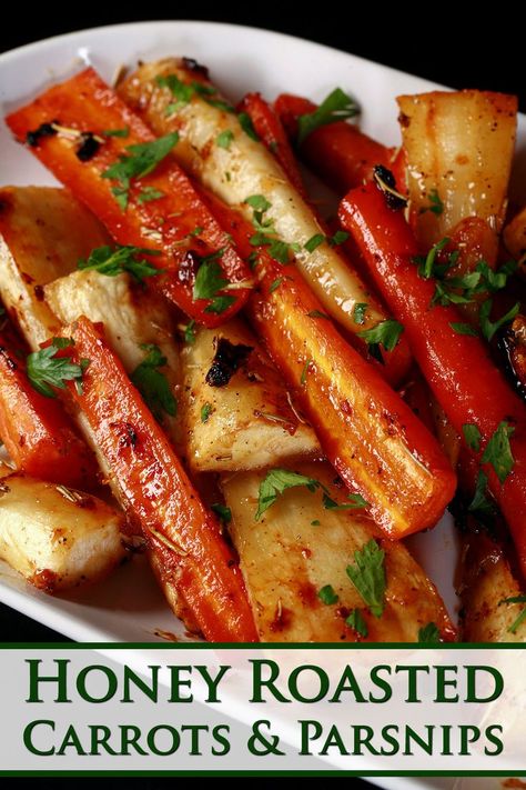 A serving plate of honey roasted parsnips and carrots, garnished with chopped parsley. Roasted Turnips And Carrots, Medeterian Diet, Glazed Carrots And Parsnips, Honey Glazed Parsnips, Roasted Parsnips And Carrots, Carrot And Parsnip Recipe, Pumpkin Cheese Ball Recipe, Roasted Glazed Carrots, Honey Parsnips