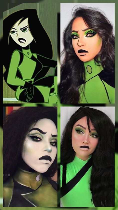 Kim Possible Villain Costume, Shego Cosplay Makeup, Shego Halloween Makeup, Black Shego Costume, Halloween Costumes With Thigh High Boots, Shego Costume Makeup, Halloween Costumes With Dark Hair, Halloween Costumes For Long Black Hair, Plus Size Shego Costume