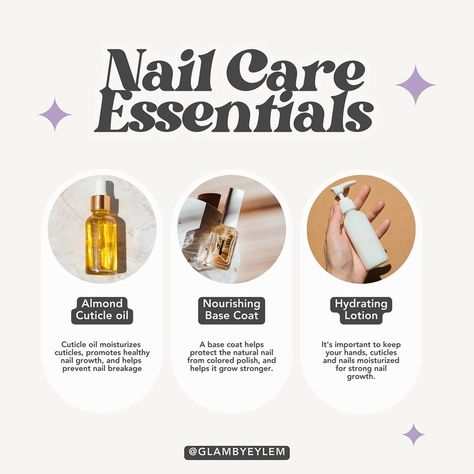 ⭐️ Nail care essentials ⭐️ • Almond cuticle oil • Nourishing base coat • Hydrating lotion Cuticle Care, Nail Care Routine, Nail Growth, Nail Cuticle, Strong Nails, Cuticle Oil, The Salon, Base Coat, Skin Care Tools