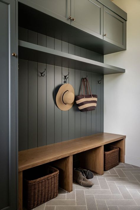 Cardiff — M Prevost Design Mudroom Wood Floor, Wood Floor Mudroom, Mudroom Bench Paint Colors, Blue Grey Entryway, Craftsman Mudroom, Blue Mudroom Cabinets, Mudroom Blue, Oak Mudroom, Blue Mudroom