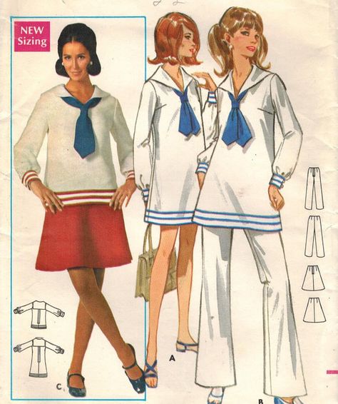 1960s Butterick 5234 Vintage Sewing Pattern by midvalecottage Wide Legged Pants, Vintage Sailor, Shirt Sewing Pattern, Nautical Dress, Tie Skirt, Butterick Pattern, Sailor Fashion, Sailor Dress, Jumpsuit Pattern