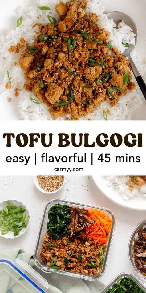 You won't believe how easy it is to make this tofu bulgogi comes with a few simple ingredients! It comes together quickly in a few short steps, making it perfect for a weeknight meal. Crumbled tofu cooked in a sweet, salty, and savory sauce, this tofu bulgogi has all the same flavors as traditional bulgogi! Vegan Beef Bulgogi, How To Use Tofu In Recipes, Easy Stove Top Meals Vegetarian, Bulgogi Tofu Recipe, Veggie Bulgogi Bowl, Easy Bulgogi Sauce, Tofu Hot Pot, Bang Bang Tofu Vegan, Meal Prep Tofu Recipes