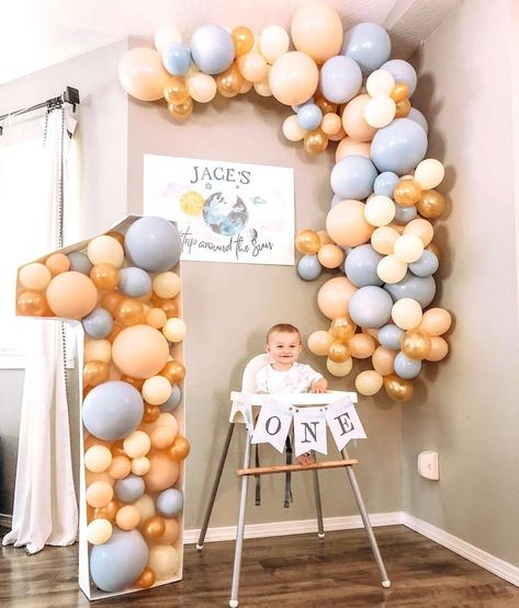 FIRST Trip Around the Sun | CatchMyParty.com Diy Birthday Number, Baby Birthday Decorations, Boys First Birthday Party Ideas, Boys 1st Birthday Party Ideas, Baby Boy 1st Birthday Party, 1st Birthday Party Decorations, 1st Birthday Party Themes, 1st Birthday Decorations, Baby Boy 1st Birthday