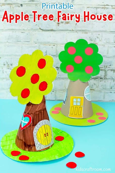 This Apple Tree Fairy House craft is adorable. The printable template comes with lots of mix and match doors and windows for kids to choose from. A lovely apple craft for kids this Autumn. They are so cute and lots of fun! #kidscraftroom #kidscrafts #fairyhouse #applecrafts #autumncrafts Tree Fairy House, Apple Craft For Kids, Tree Fairy, Fairy House Crafts, House Craft, Kids Craft Room, Apple Craft, Rainy Day Crafts, Creative Arts And Crafts