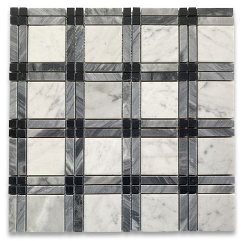 Carrara White Plaid Tartan w/ Gray and Black Marble Mosaic Tile Honed - Stone Center Online Square Mosaic Tile, Striped Tile, Marble Square, Black And White Tiles, Marble Mosaic Tiles, Pebble Stone, Mosaic Flooring, Marble Tiles, Marble Mosaic