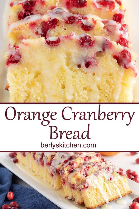 This orange cranberry bread is incredibly moist, dense, and full of orange and cranberry in every bite. It's even topped with a sweet orange glaze that puts it over the top. #berlyskitchen Orange Dried Cranberry Bread, Fall Dessert Recipes Cranberry, Baked Sweet Bread Recipes, Cranberry And Orange Bread Recipes, Cranberry Orange Loaf Recipe, Flavored Bread Recipes Sweet, Unique Quick Bread Recipes, Unique Quick Breads, Cranberry Lemon Bread Recipes