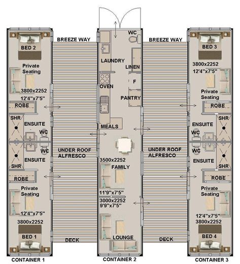 4 Bedroom Shipping Container Home | Full Concept + Permit House Plans | 2 Bed + 4 Bathroom ship container home plans- feet & Inches | Metric / Blueprint PDF ----------------------------------- Low Cost Affordable Container Home House Plans Full Concept + Permit House Plans - Shipping Container Home Design: 3 x 40 Foot Container Home Play it safe with our low cost plans with copyright release. - 4 Bedroom Container Home Designs - 4 Bathrooms - 2 Living Areas - Kitchen + Meals AREA - Alfresco unde Cottage Container Home, 8x40 Shipping Container Floor Plan, Shipping Container Home Blueprints, Off Grid Container Home, 2 Story Container House Floor Plans, Shipping Container Homes Plans Layout 4 Bedroom, Shipping Container Restaurant Design, New House Plans One Level, Yurts Floor Plans