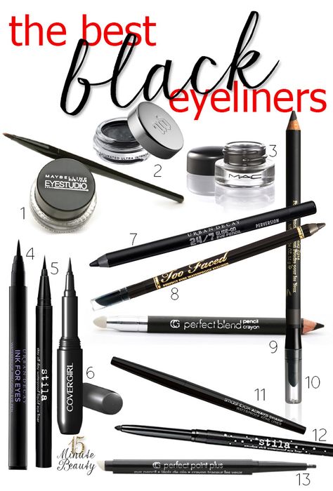 The Best Black Eyeliners!  Remember, black brine or brown won't age you as much (or seem as severe in an everyday setting) ~ jg Best Black Eyeliner, The Best Eyeliner, Khol Eyeliner, Best Eyeliner, Angled Brush, Liquid Liner, Eyeliner Tutorial, Black Eyeliner, Gel Eyeliner