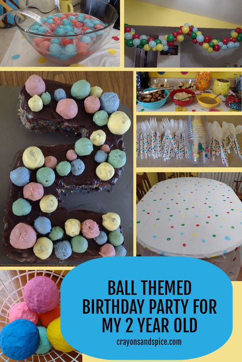 Picture of ball shaped pinatas, a ball themed cake, colorful ball ice cubes, a balloon garland, ball shaped food, polka dot silverware and cups, and a polka dot tablecloth Ball Themed Second Birthday, Ball Themed Food, Balls Birthday Theme, Ball Themed Cake, Ball Themed Birthday Party, Ball Theme Birthday, Ball Theme Party, Themed Birthday Party Ideas, Ball Birthday