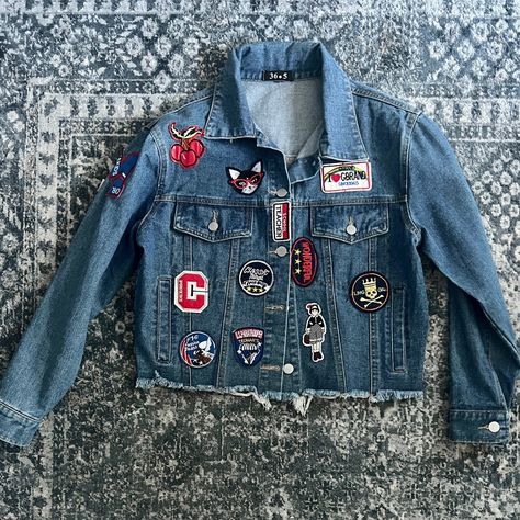 -Like New, Never Worn -Cropped Denim Jacket With Various Fun Patches On The Front, No Patches On The Back -Intentionally Frayed Hem -100% Cotton -20.5 Inches Flat Across The Front Pit To Pit (When Buttoned) Denim Patch Jacket, Jean Jacket With Patches, Denim Jacket With Patches, Jacket With Patches, Jean Jacket Patches, Jacket Patches, Fun Patches, Denim Jacket Patches, Cool Patches