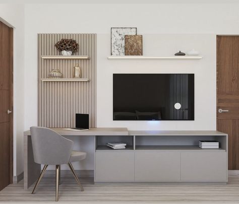 Tv Console With Desk, Desk And Entertainment Center Combo, Desk Under Tv Bedroom, Desk And Tv Stand Combo, Office Area In Living Room, Office Living Room Combo, Office In Living Room, Living Room Office Combo, Living Room Style Ideas