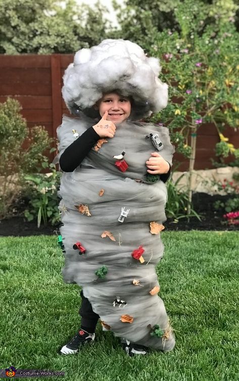 Volcano Halloween Costume, Diy Unique Costumes, Garbage Bag Costume Ideas, Weather Reporter Costume, Rolly Polly Costume, Clever Dog Costumes, Homemade Tornado Costume, Kids Tornado Costume, Weather Costumes For Kids