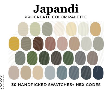 Neutral Procreate Color Palette, Procreate Swatches, Hex codes, Color Scheme, Neutral Boho Soft, Japandi Color Scheme, Neutral Warm Bohemian by KoovoxDigitalStudio on Etsy Dark Japandi Color Palette, Japandi Color Scheme, Color Scheme Neutral, Japandi Color Palette, Procreate Tools, Bohemian Color Palette, Color Palette Procreate, Procreate Palette, Procreate Color Palette