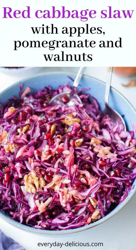 Purple Cabbage Recipes, Salad Coleslaw, Apple Pomegranate, Red Cabbage Recipes, Red Cabbage Salad, Red Cabbage Slaw, Recipe Crockpot, Apple Slaw, Slaw Recipes