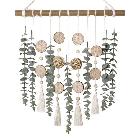 PRICES MAY VARY. BOHO HOME DECORATION - Our boho wall decor featured with solid wood branch and chips, handmade tassels and wicker balls, the combination presents the delicate texture and realistic looking, suitable for adding natural feeling to any places in your home all year round. PURE HANDMADE - Our eucalyptus wall decor using pure handmade. Each leaf and tassel is assembled and detachable by hand, and you can adjust the length of thread according to your need. SIZE & MATERIAL - The branch Hanging Faux Plants, Dowel Projects, Boho Crib Mobile, Mom Bathroom, Fake Greenery, Nursery Mobiles, Rustic Farmhouse Bedroom, Spare Bathroom, Viking Decor