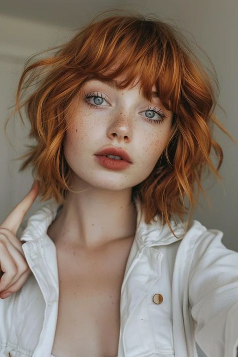 30 Best Bob Hairstyles For Fine Hair You Need To Try - Pinch Of Glam Short Copper Red Hair, Short Copper Hair With Bangs, Red Hair With Blonde Bangs, Copper Bob With Bangs, Cloud Princess, Short Copper Hair, Copper Bob, Cortes Bob, Hairstyles For Fine Hair