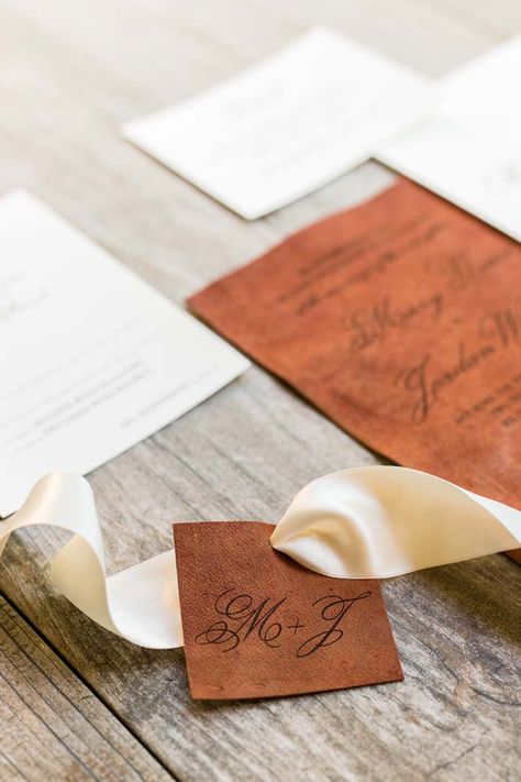 Leather Invitation Wedding, Leather Wedding Details, Branding At Wedding, Indian Wedding Cards Handmade, Leather Invitation, Leather Wedding Invitations, Rancho Wedding, Tuscan Art, Laser Engraved Wedding