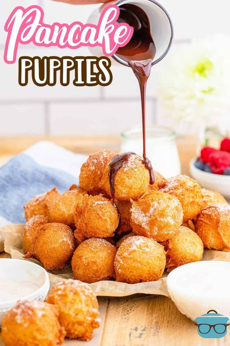 Dessert Hush Puppies Recipe, Pancake Hush Puppies Recipe, Puff Pancake Recipe Breakfast, Recipes Using Pancake Mix Breakfast, Fun Pancake Ideas, Breakfast Ideas With Pancake Batter, Pancake Mix Dessert Recipes, What To Make With Pancake Mix Ideas, Pancake Mix Donuts Recipes