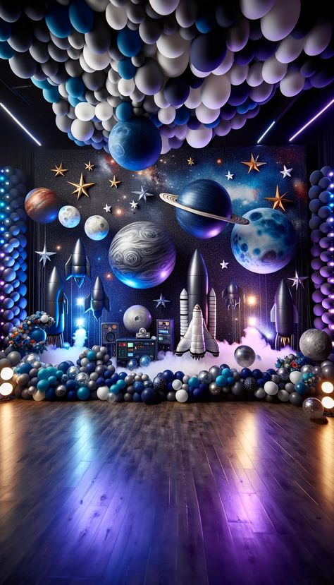 🎈 20 Creative Balloon Decorating Ideas for Every Occasion 🎉 - Laugh Lore Nasa Party Ideas Space Theme, Futuristic Theme Event, Cosmos Birthday Party, Space Event Theme, Event Theme Ideas Creative, Futuristic Decorations Event, Futuristic Theme Party, Futuristic Party Theme, Space Theme Decorations