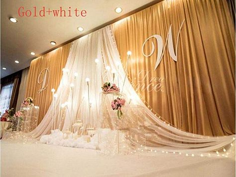 Amazon.com: Eyestar 20x10ft Luxury Wedding Stage Silk Backdrop Background Curtains with Beauty Yarn Gauze Decoration (Gold+White): Home & Kitchen Silk Backdrop, Satin Curtains, Birthday Props, Gold Backdrop, Marriage Decoration, Celebration Background, September Wedding, Stage Decorations, Wedding Background