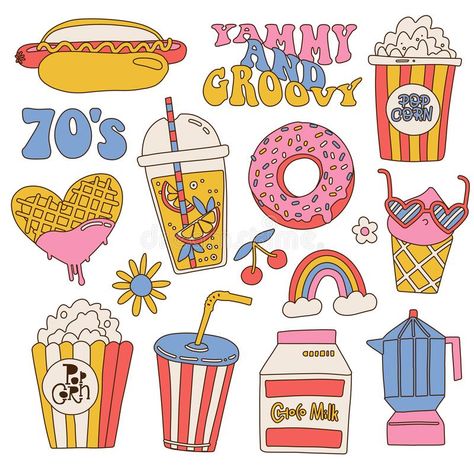 90s Illustration Retro, Retro Food Illustration, Retro Stickers 80s, 70s Stickers, Retro Doodles, Groovy Elements, 90s Yearbook, Drinks Stickers, Hippie Logo