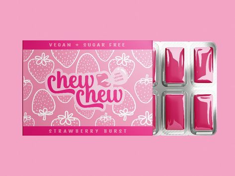 Gum packaging mockups for chew Chew! Passion project of mine. I love pink 😍 Bubble Gum Packaging Design, Gum Package Design, Bubble Gum Branding, Chewing Gum Packaging Design, Bubble Gum Packaging, Y2k Packaging Design, Bubblegum Packaging, Y2k Packaging, Gum Packaging Design