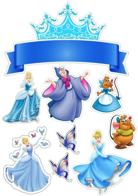 Disney Princess Stickers On A White Background With A Blue Ribbon 1A5 Cinderella Stickers Printable, Cinderella Toppers Printable, Cinderella Cake Topper Printable, Happy Birthday Cinderella, Cinderella Cake Design, Cinderella Stickers, Cinderella Birthday Cake Topper, Cinderella Topper, Cinderella Printables