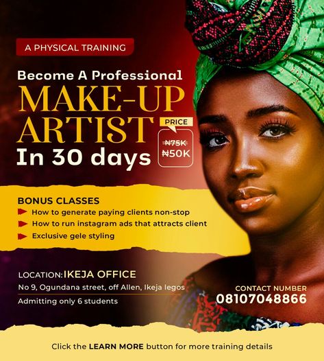 A professional flyer design for a makeup artist trying class Makeup Class Flyer, Training Flyer Design, Professional Flyer Design, Flyer Design Inspiration, Makeup Training, Makeup Class, Class Design, Day Makeup, Instagram Ads