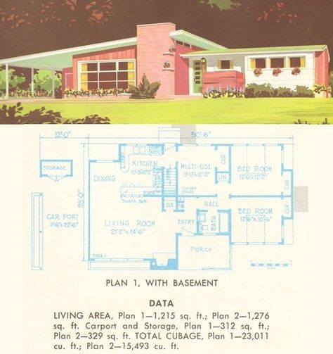 1950s Houses, 70s House Exterior, Sears House Plans, Mid Century House Plans, 50s House, Oasis Springs, Vintage Floor Plans, Mid Century Modern House Plans, Retro Lifestyle