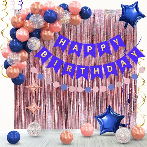 PRICES MAY VARY. 🎈💙【What Is In The Package?】- So much VALUE! This amazing bundle has everything you need to throw a beautiful birthday party. Get 1pc Blue Gold Happy Birthday Banner, 2pcs Rose Gold Tinsel Foil Fringe Curtains Backdrop (6.5*3.3ft each), 2pcs Rose Gold Four Star Foil Balloons(10inch),2pcs Blue Five Star Foil Balloons(18inch), 10pcs Rose Gold /10pcs Metallic Rose Gold /10pcs Blue /5pcs Rose Gold Confetti Latex Balloons,1pc Paper Garland(6.6ft), 6pcs Hanging Spiral. 🎈💙【Charming Blue And Rose Gold Birthday Party, Rose Gold Birthday Party Decorations, Curtains Backdrop, Rose Gold Birthday Party, Gold Birthday Party Decorations, Navy Blue Party, Gold Birthday Decorations, Fringe Curtains, Rose Gold Birthday