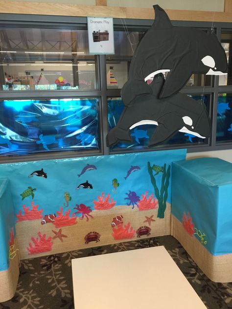 Aquarium dramatic play center Ghost Craft, Ocean Theme Preschool, Ocean Classroom, Halloween Crafts Preschool, Dramatic Play Preschool, Dramatic Play Area, Halloween Crafts For Toddlers, Math Crafts, Crafts Preschool