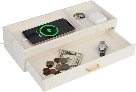 Amazon.com: HofferRuffer Valet Jewelry Tray Organizer with Drawer, Faux Leather Storage Catchall Box Phone Charging Station Tray with Dresser Nightstand Desktop Drawer Organizer (White) : Clothing, Shoes & Jewelry Accessory Drawer, Dresser Nightstand, Phone Charging Station, Jewelry Tray Organizer, Desktop Drawers, Catchall Tray, Leather Tray, Leather Storage, Tray Organization