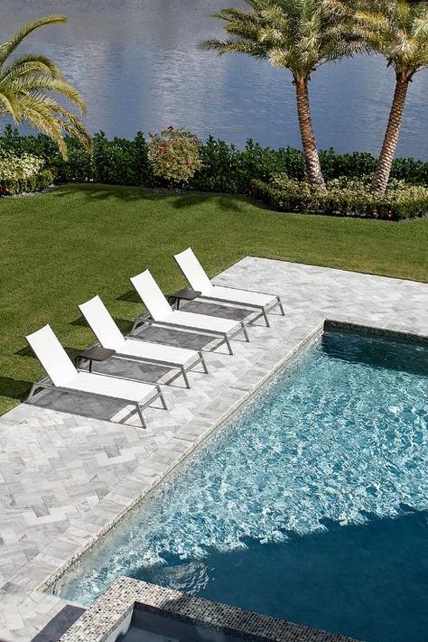 Travertine Pool Decking, Concrete Pool Deck, Swimming Pool Ideas, Concrete Swimming Pool, Pool Pavers, Travertine Pool, Pavers Backyard, Pool Lounger, Concrete Pool