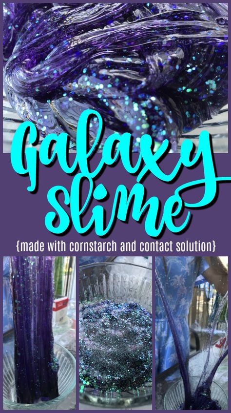 Galaxy Slime Recipe: Using Contact Solution and Clear Glue - Money Savvy Living Slime Recipe Clear Glue, Slime Recipe Clear, Galaxy Slime Recipe, Cornstarch Slime, Housekeeping Week, Slime With Contact Solution, School Science Projects, Glitter Galaxy, Purple Food Coloring