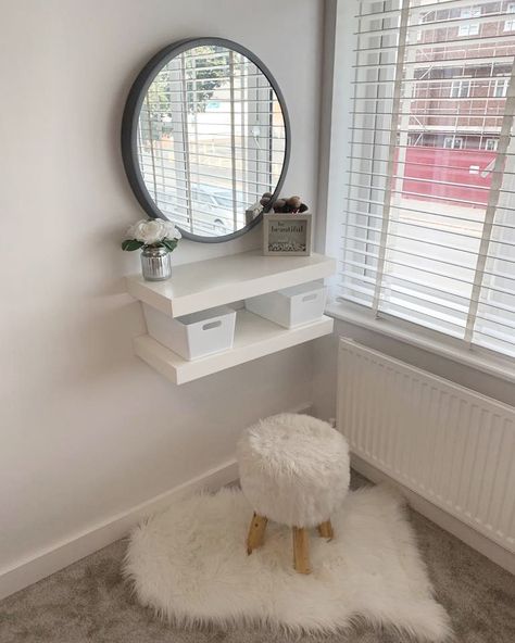 Tiny Make Up Station, Tiny Dressing Table, Floating Shelf Dressing Table, Corner Dressing Table Ideas, Small Dressing Table Ideas, Dressing Table Area, My Husband Is Amazing, Dressing Corner, New Dressing Table