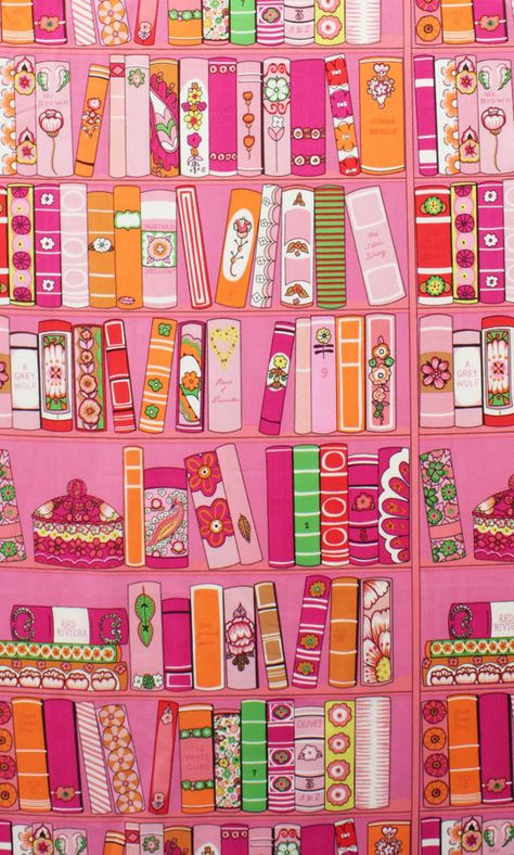 #Pink Motifs Textiles, Alexander Henry, Book Wallpaper, Pretty Patterns, Cute Backgrounds, Book Shelf, Persimmon, Cool Walls, 그림 그리기